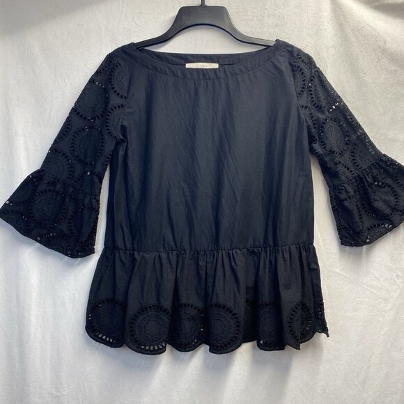 LOFT Boat Neck 3/4 Eyelet Embroidered Sleeve Blouse Women XS Black Ruffle Hem - Picture 1 of 14